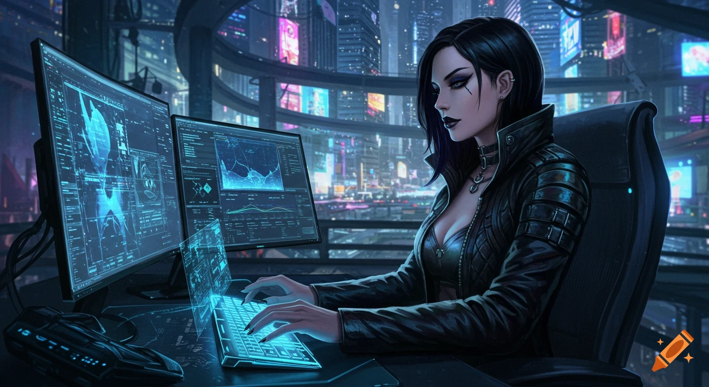 A goth female hacker with black hair and dark makeup sits at glowing computer monitors, typing on a holographic keyboard in a futuristic cyberpunk city at night. Dark and neon-lit digital art style.