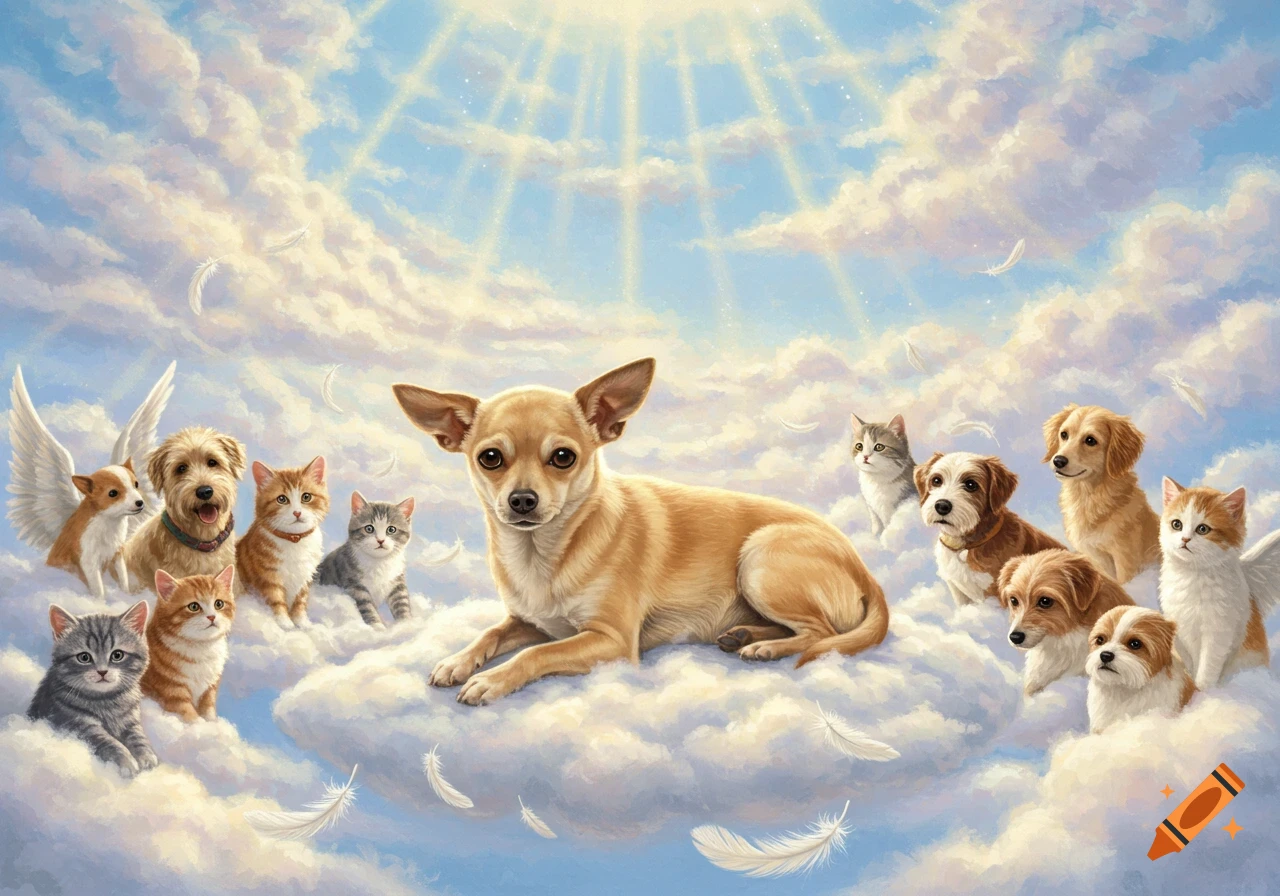 A tan chihuahua lies on a cloud, surrounded by other dogs and cats, some with wings, under a bright, sunlit sky in a painterly style.