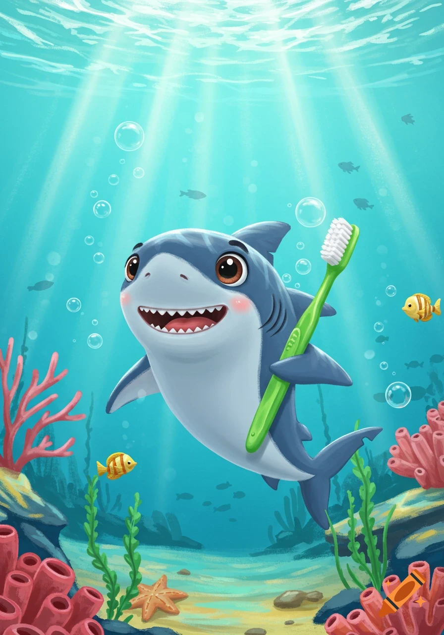 A cute cartoon shark with big eyes and a wide smile, holding a green toothbrush, swims in a vibrant underwater scene with coral and fish.
