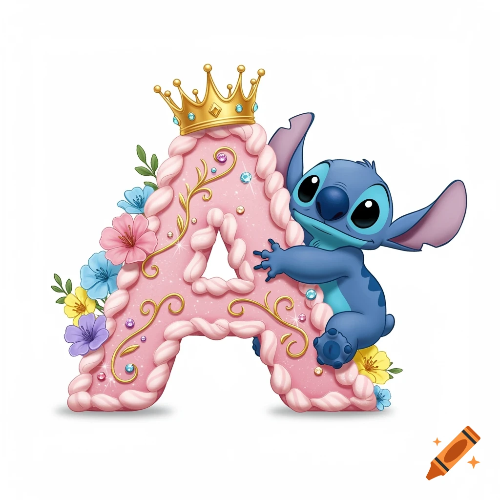 A whimsical 3D illustration of blue Stitch hugging a pink frosting letter 'A' with a golden crown, adorned with flowers.