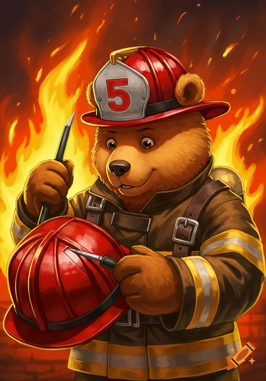 A cartoon bear in a firefighter helmet and gear holds another red helmet, with stylized flames in the background.