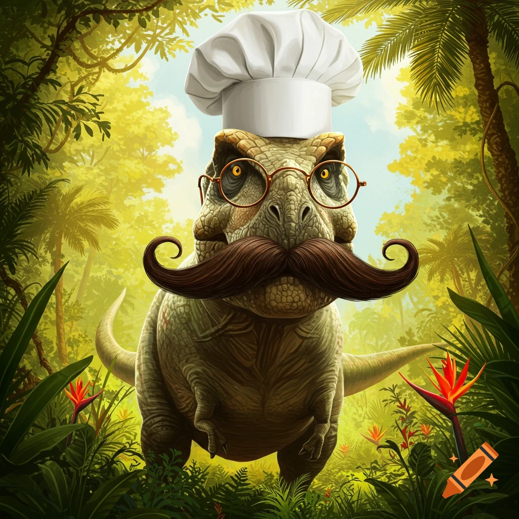 A T-Rex with a chef's hat, glasses, and a large handlebar mustache stands in a lush jungle.