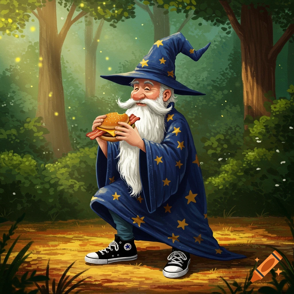 A whimsical wizard in a blue, star-covered robe and hat, wearing Converse, squats in a magical forest eating a bacon cheeseburger.