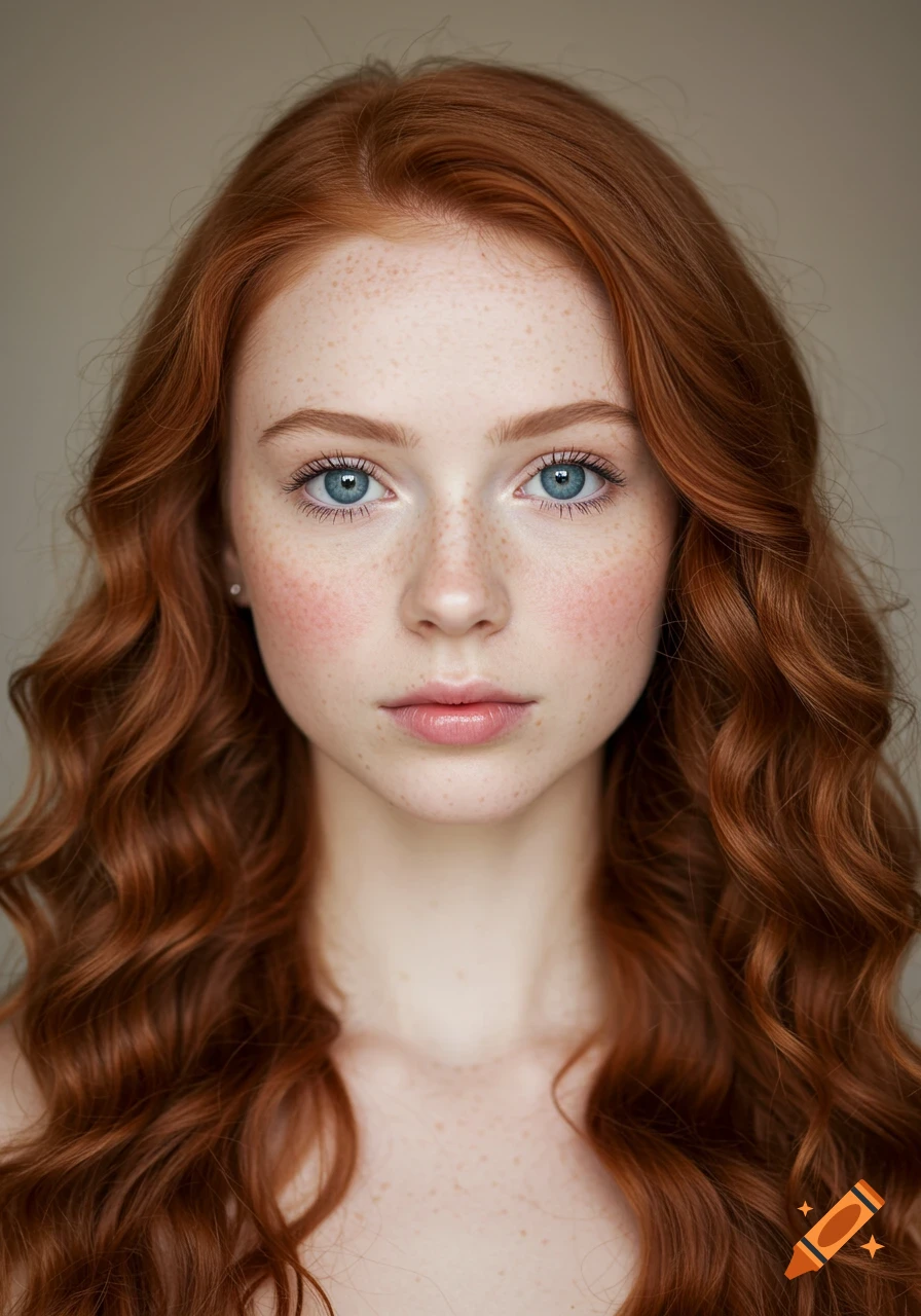 A photorealistic close-up portrait of a young woman with red wavy hair, blue eyes, and light freckles.