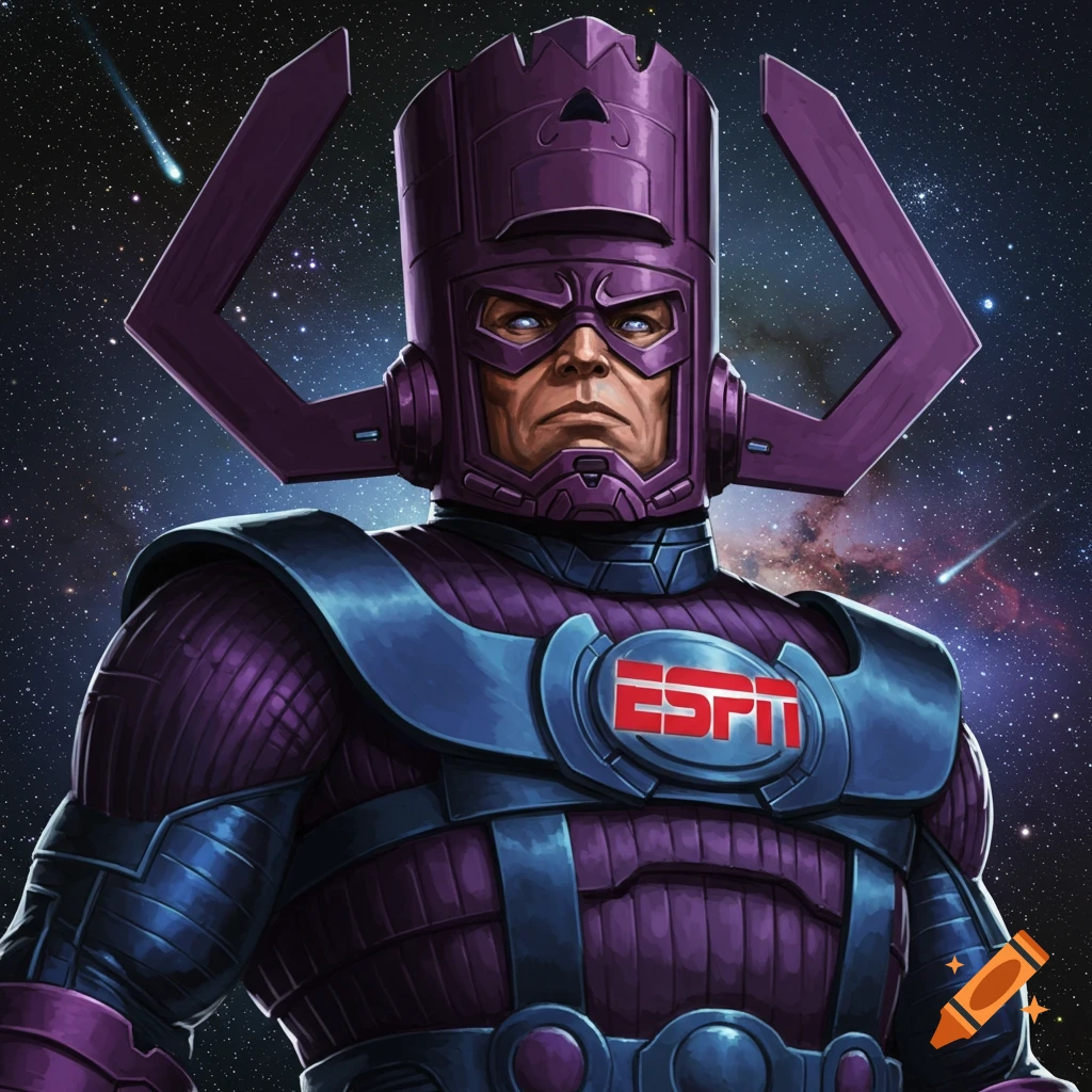 Galactus, a purple cosmic entity with an ESPN logo on his chest, against a starry space background, comic art style.