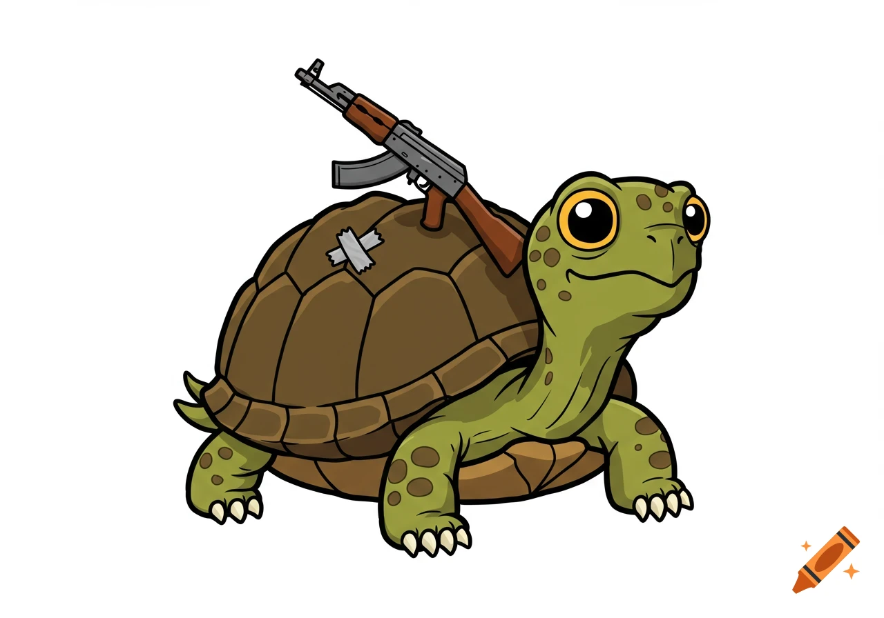 A simple cartoonish box turtle with a brown shell and green skin, carrying an AK-47 rifle taped to its back, on a white background.