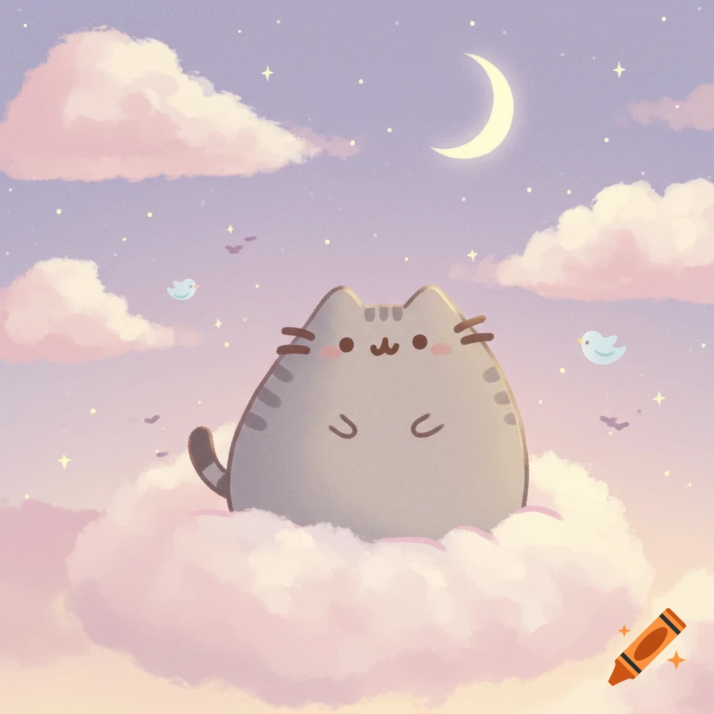 A cute cartoon grey tabby cat, Pusheen, sits on a pink cloud in a pastel purple night sky with stars and a crescent moon.