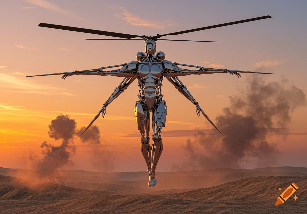 A metallic humanoid robot with helicopter rotors for arms and on its head, hovering above a sandy desert at sunset with clouds in the sky.