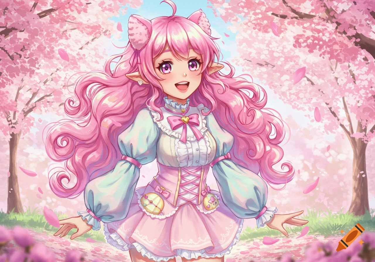 Anime girl with long pink hair, cat ears, and elf ears, wearing a pastel dress, smiling happily amidst pink cherry blossoms.