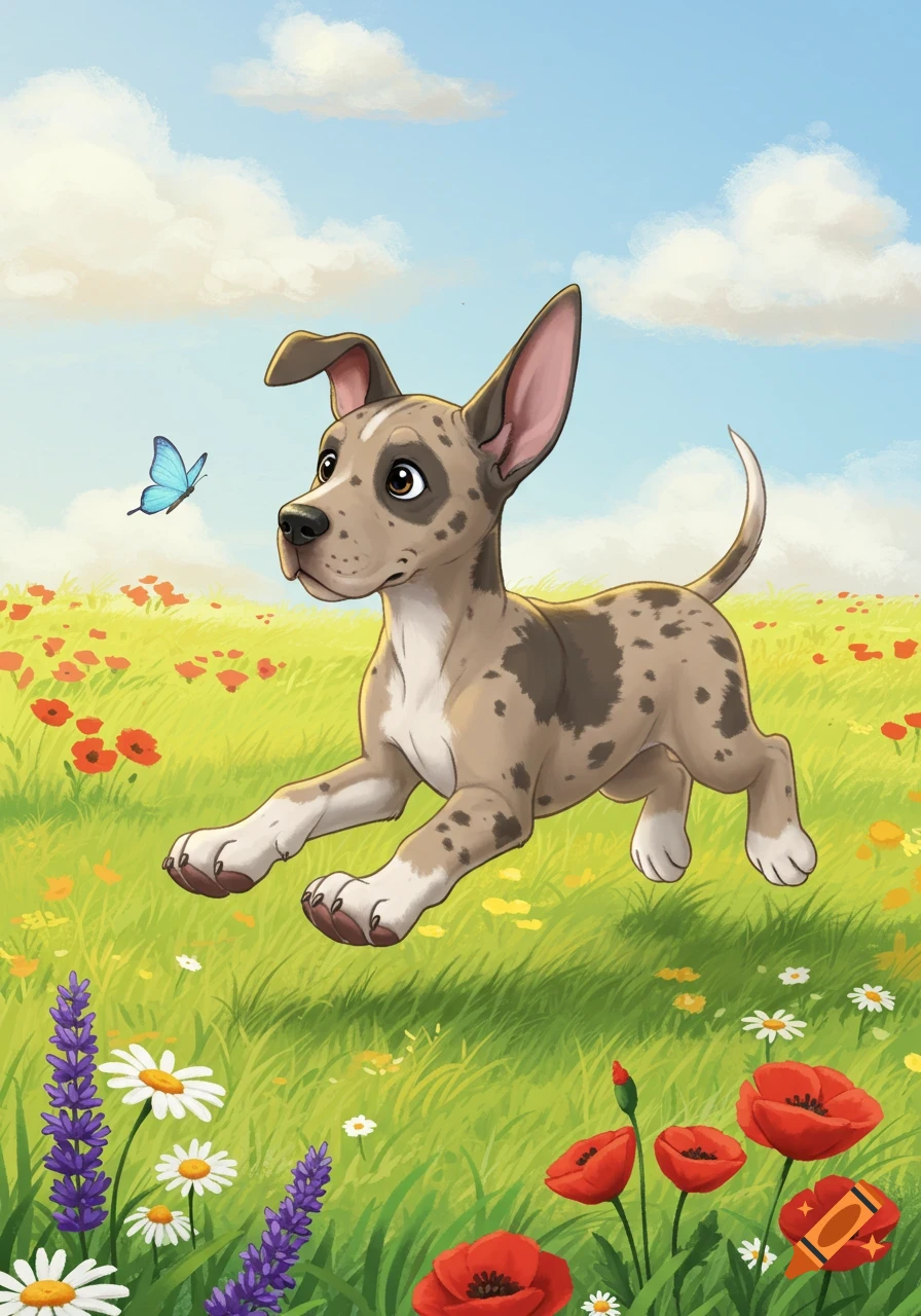 Cartoon merle Great Dane puppy chases a blue butterfly in a sunny field of red poppies and green grass.