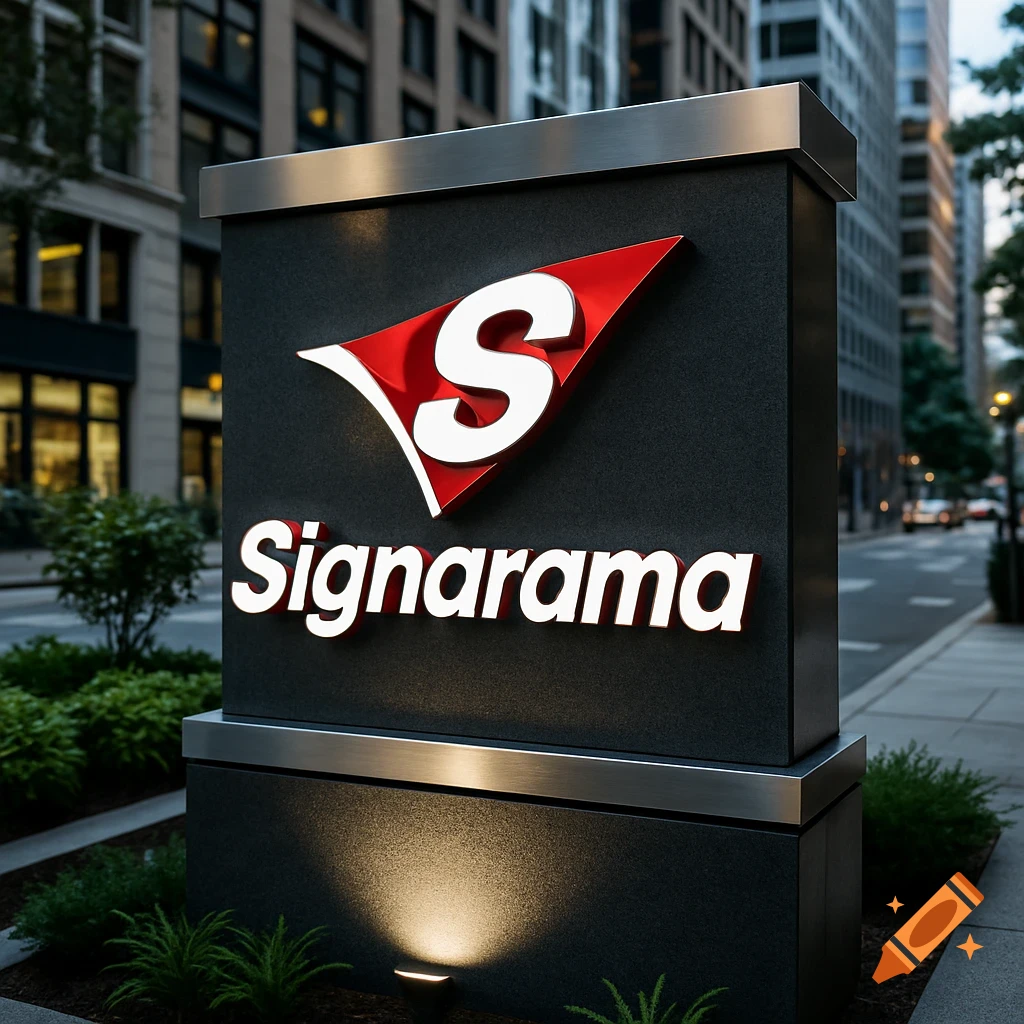Photorealistic monument sign for Signarama on a city sidewalk, with the company logo and name prominently displayed.