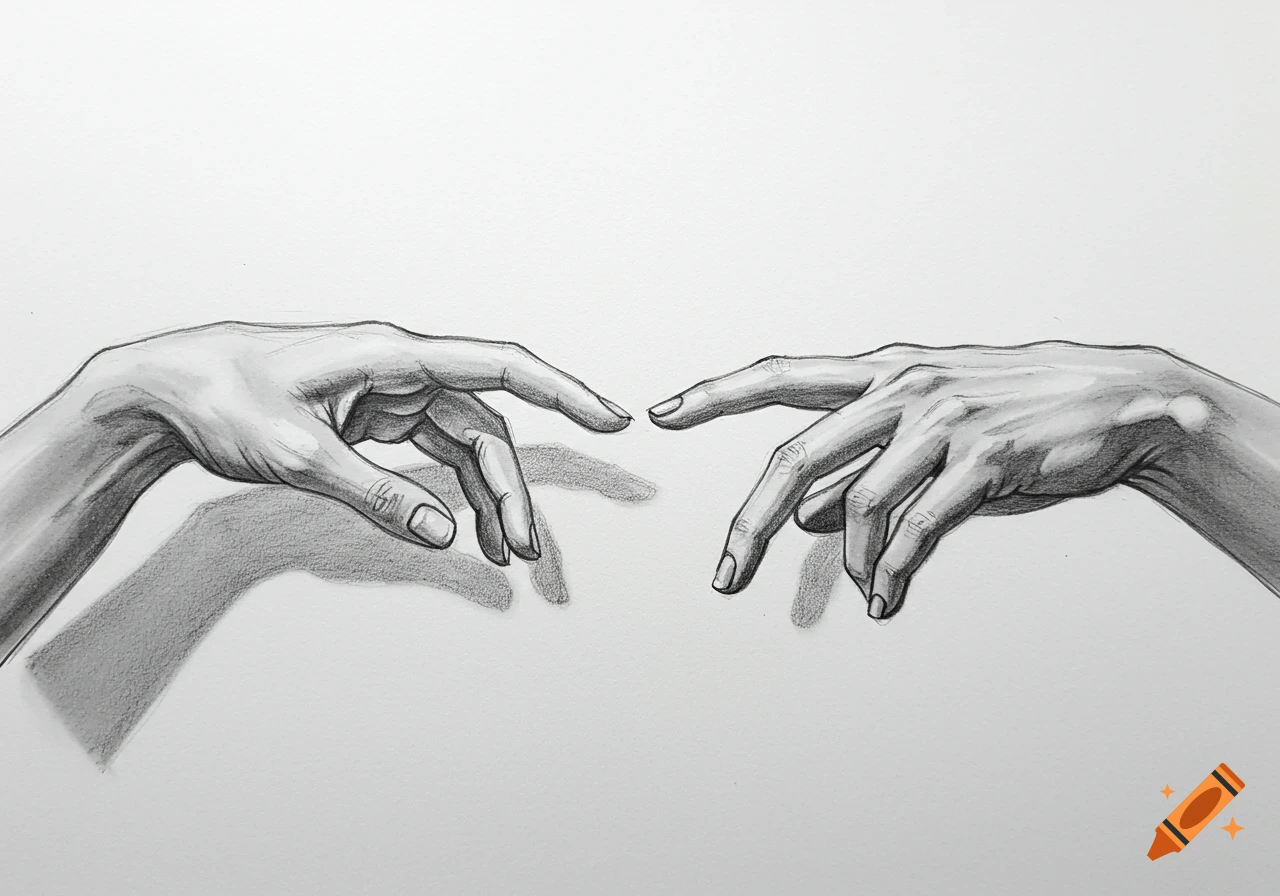 Black and white pencil drawing of two human hands reaching out towards each other.