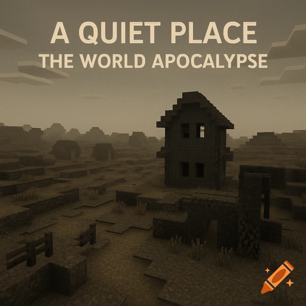 Minecraft-style foggy post-apocalyptic landscape with a damaged house and ruins, featuring the title 'A Quiet Place The World Apocalypse'.