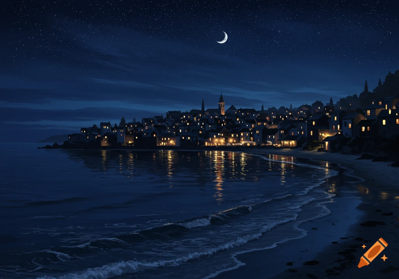 An illustrated night view of a coastal town by the sea, with lights in houses reflecting on the water under a starry sky and crescent moon.