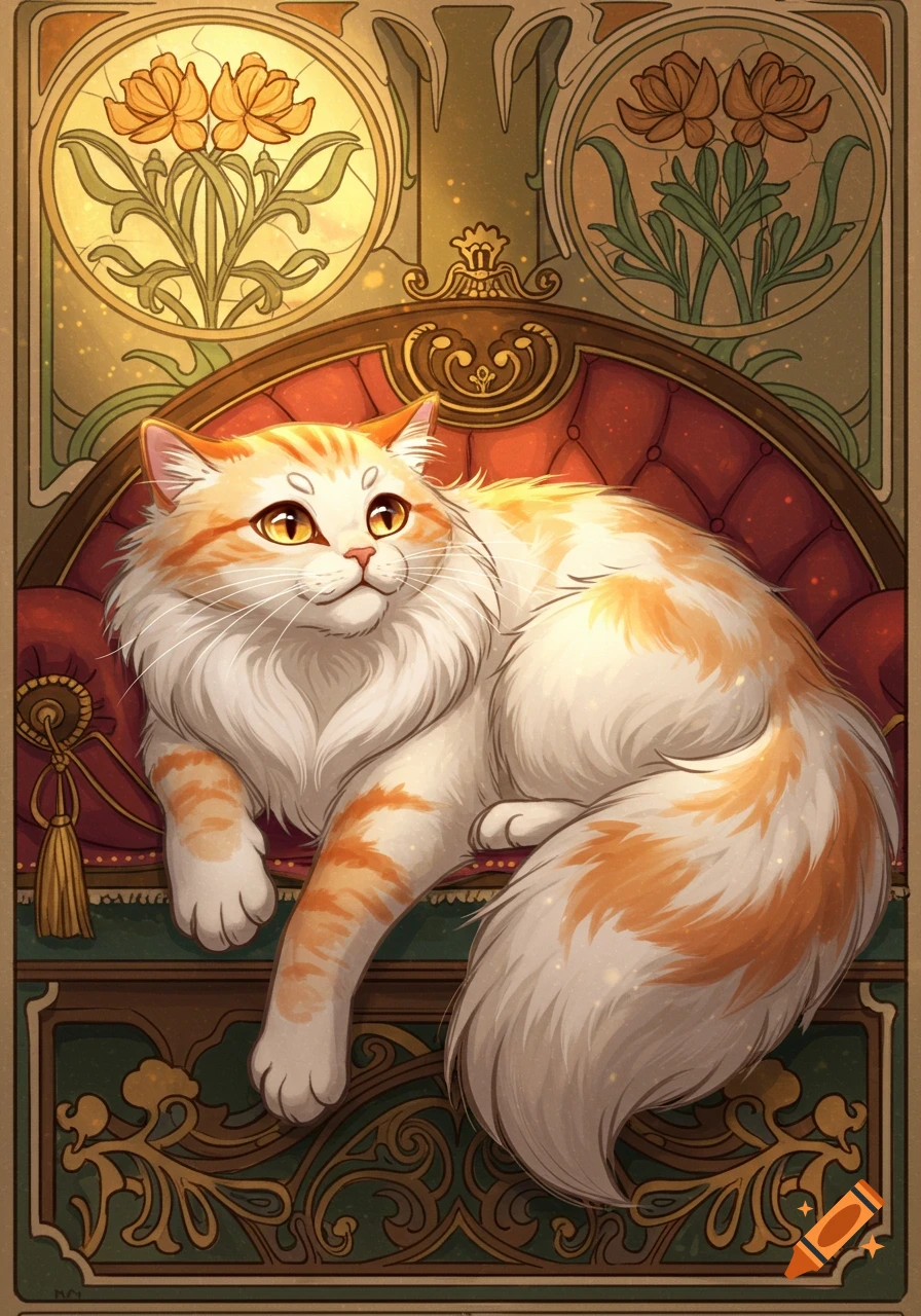 A fluffy orange and white cat lies on a red velvet couch, in a room with ornate Art Nouveau floral stained-glass windows. Detailed illustration.