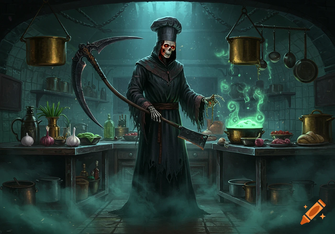 A Grim Reaper chef in a dark, eerie kitchen, holding a scythe and cleaver, with a glowing green potion.