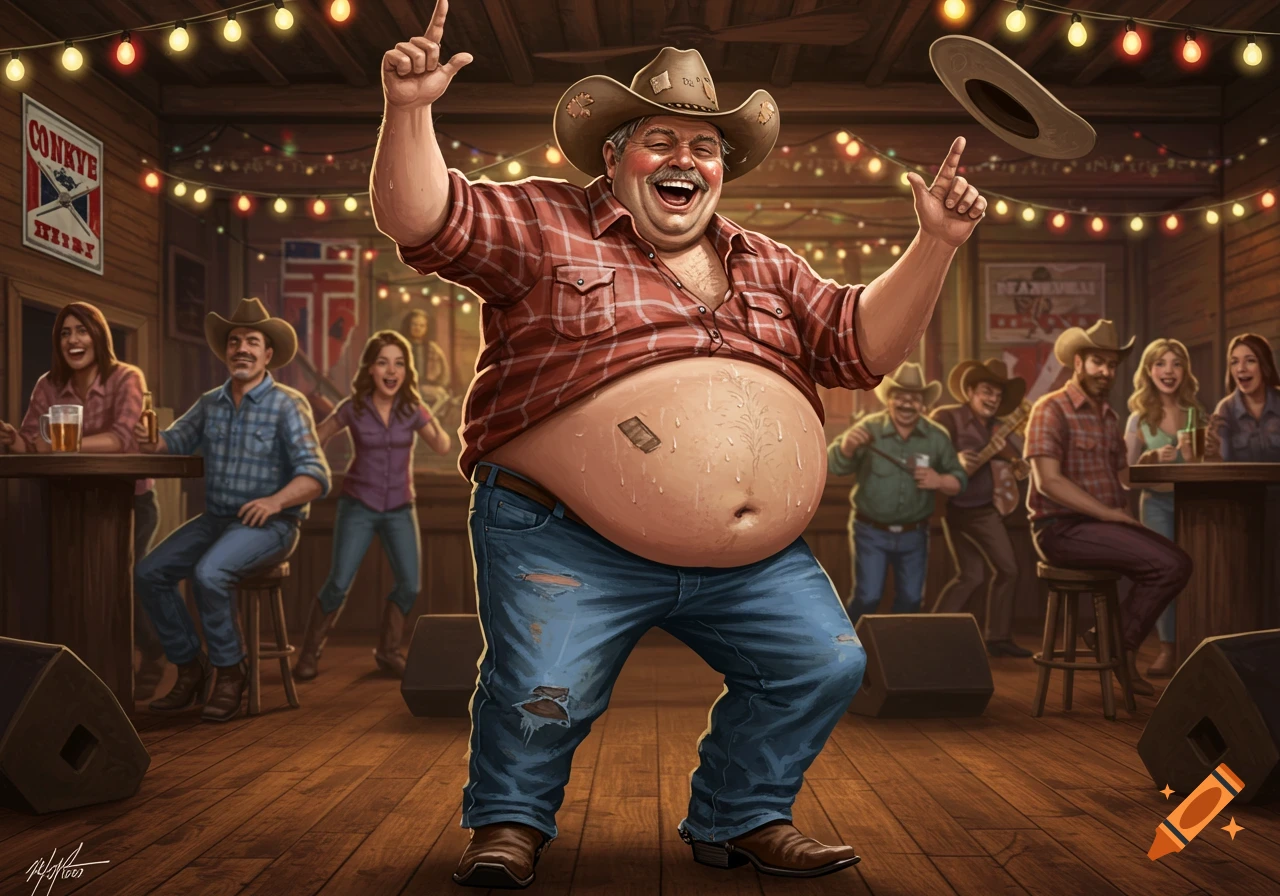 A jovial, overweight man in a cowboy hat and plaid shirt dances enthusiastically in a rustic country bar, throwing his hat in the air. Other patrons watch and smile.