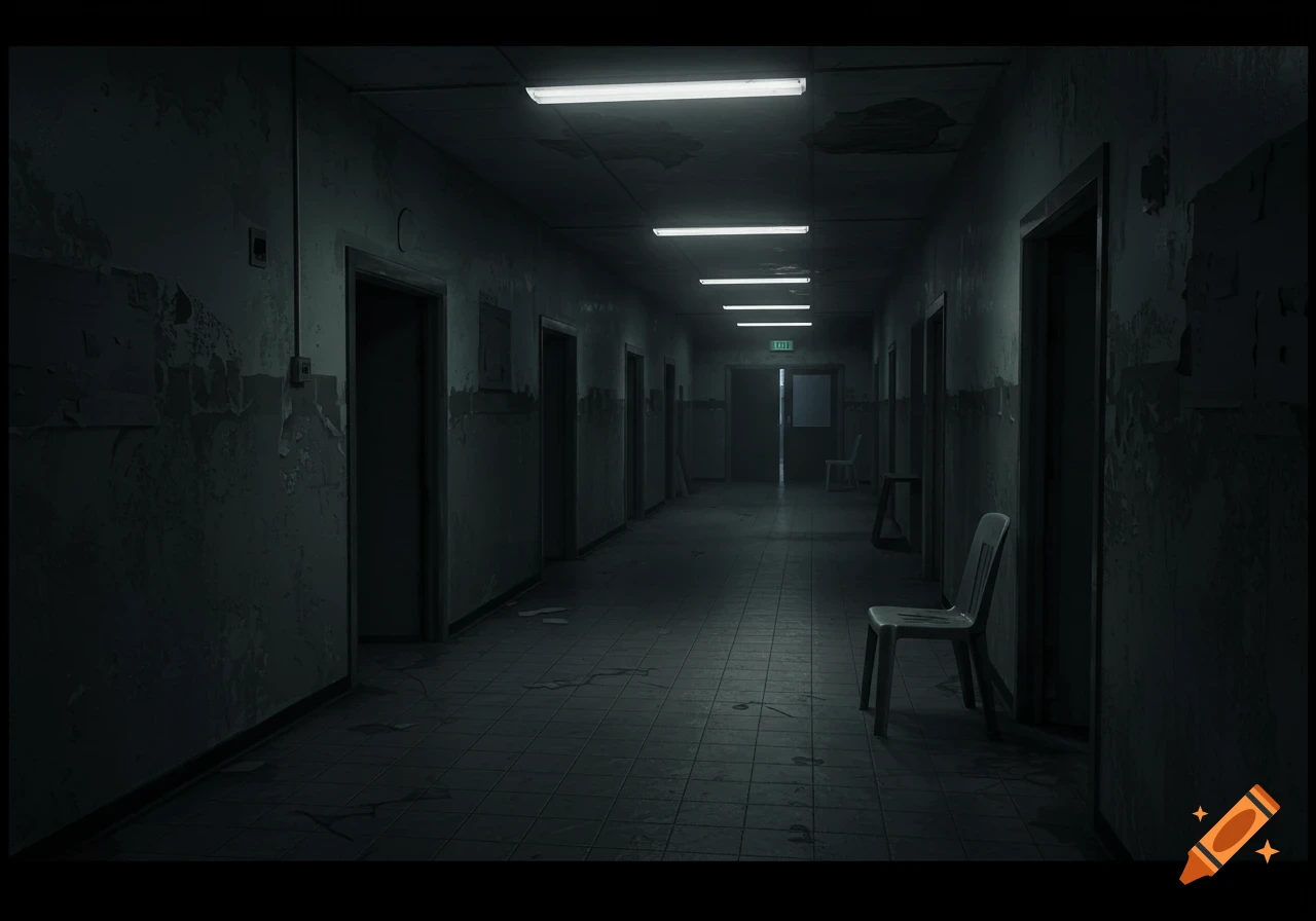 A long, dark, and eerie hallway with peeling paint, fluorescent lights, and several doors, leading to a green 'EXIT' sign.