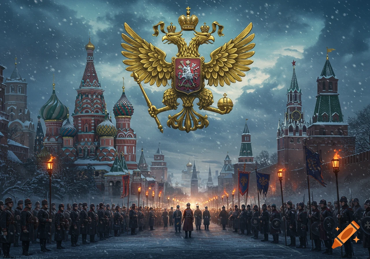 Golden double-headed eagle over snowy Moscow street with soldiers, torches, flags, and iconic Russian architecture.