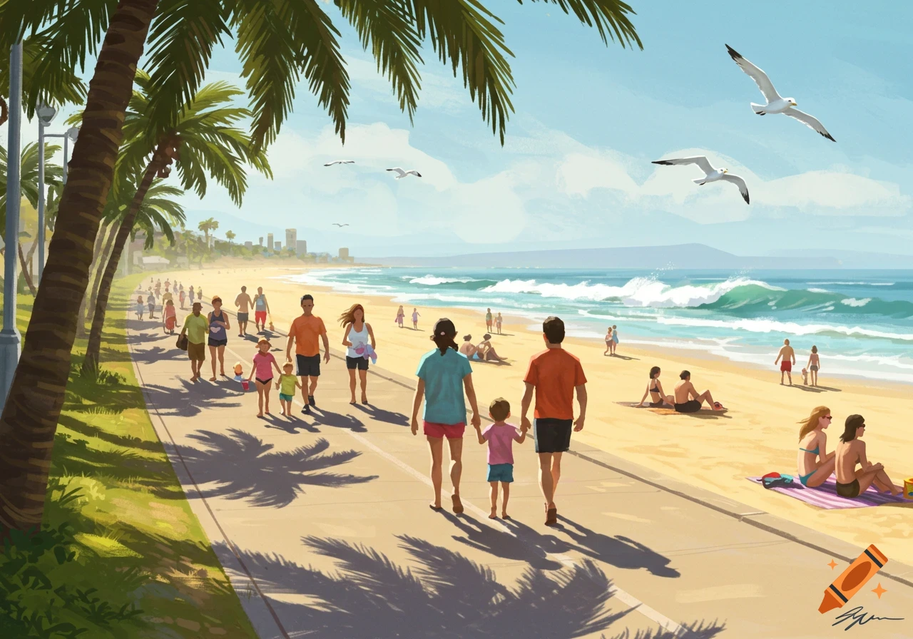 An illustration of a busy beach boardwalk with palm trees, people walking and relaxing on the sand, and seagulls flying overhead.