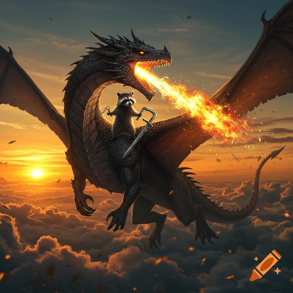A raccoon wielding a sword and chain rides a firebreathing black dragon through a sunset sky above clouds, in a fantasy art style.