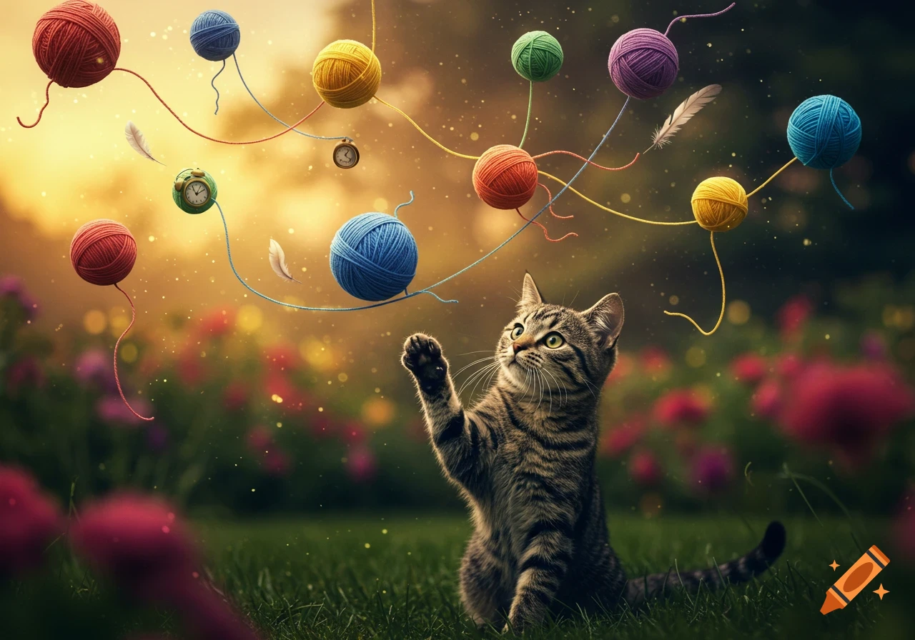 A tabby cat reaches for colorful floating yarn balls and feathers in a sunny, dreamy field.