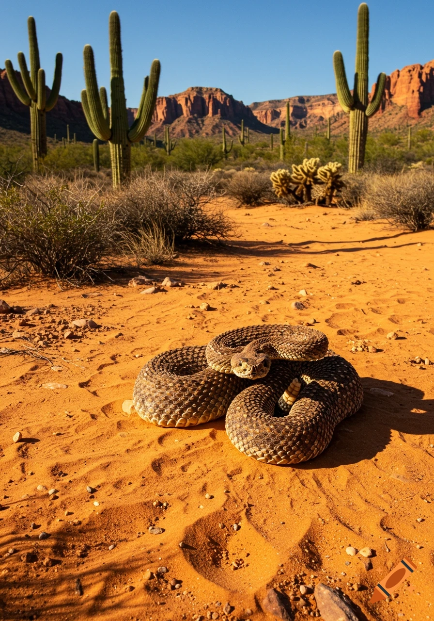A coiled rattlesnake with its head raised in the foreground of a sunny desert landscape with saguaro cacti and mountains.