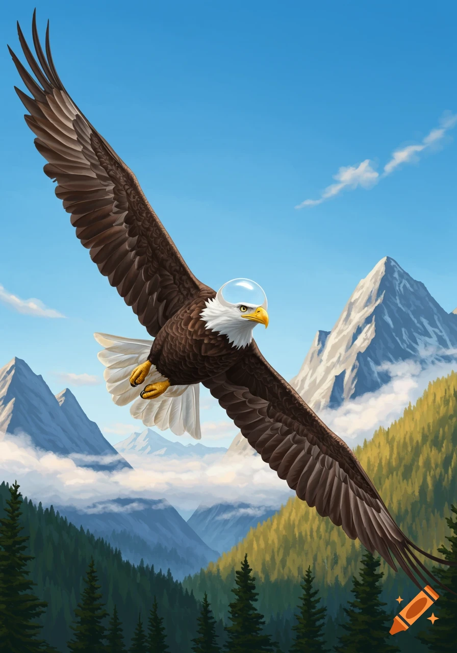 A majestic bald eagle, with a clear dome on its head, soars over lush green mountains and misty valleys under a bright blue sky.