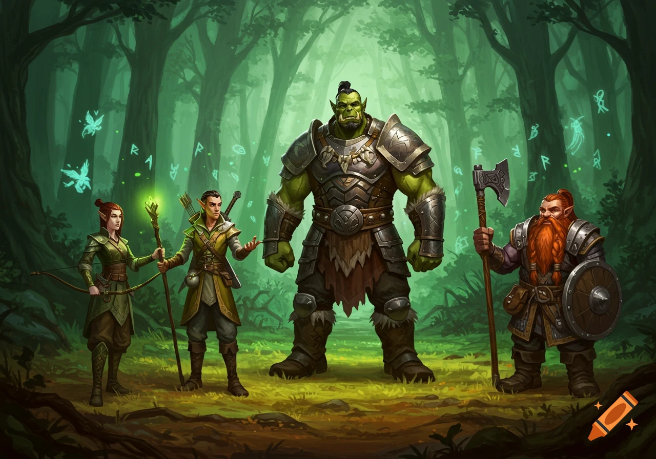 A fantasy party of an orc, two elves, and a dwarf stands in a magical green forest with glowing runes. Digital illustration.