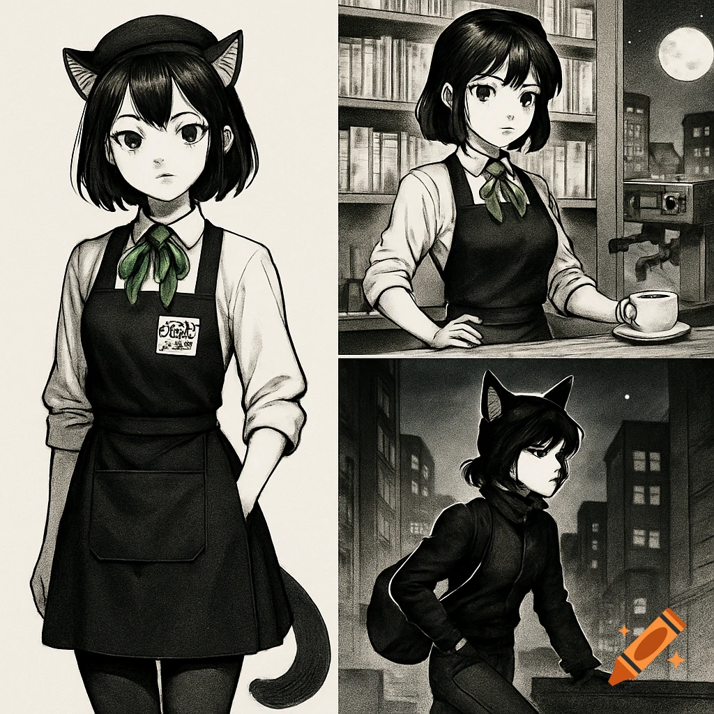 Three monochrome anime-style panels of a short-haired cat girl. She works as a barista in a cafe and a courier on a rooftop at night.