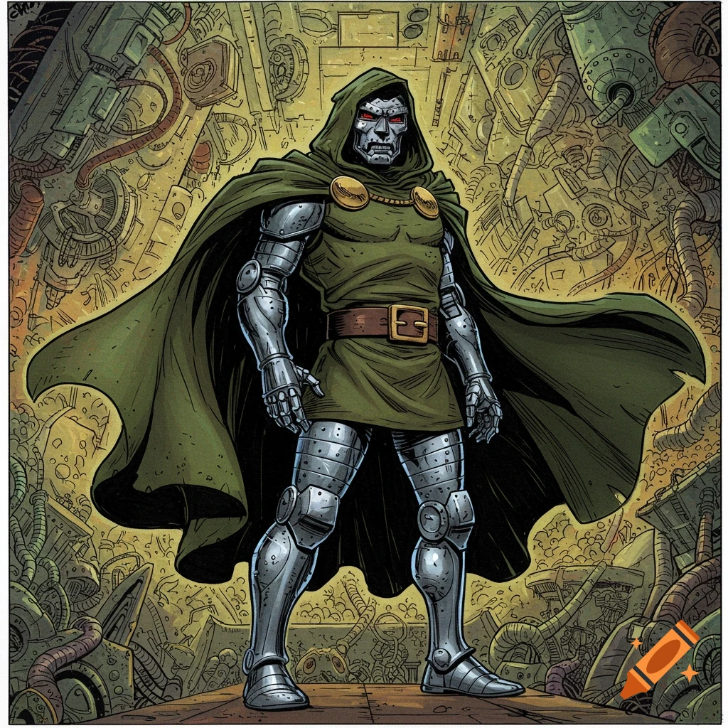 Doctor Doom in R. Crumb's gritty comic style, armored and cloaked, standing amidst intricate machinery.