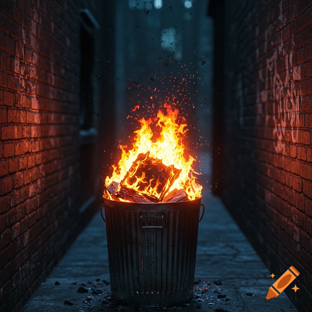 A trash can fiercely burning in a dark urban alley, illuminating the brick walls with orange flames, photorealistic.