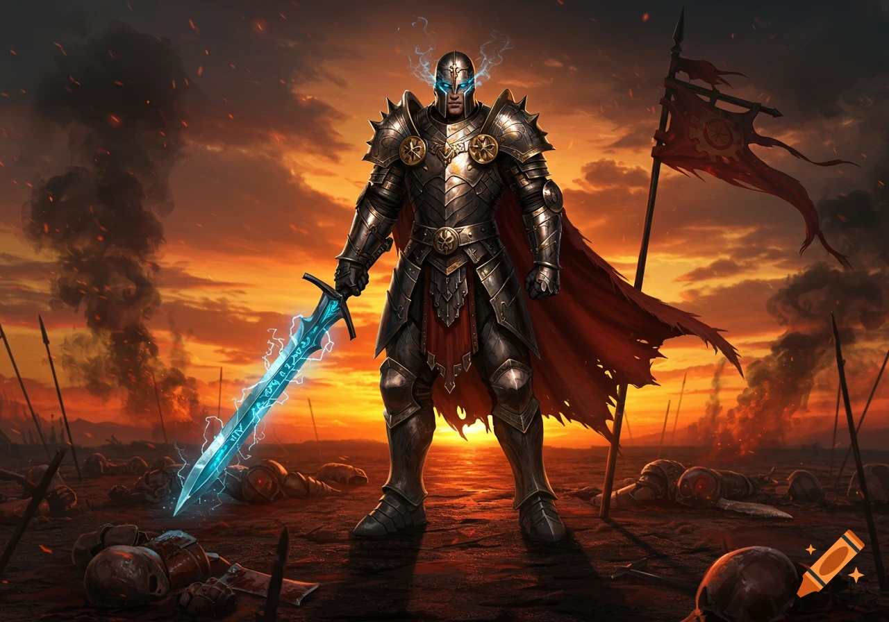 Armored knight with a glowing sword stands on a fiery battlefield at sunset, surrounded by fallen foes.