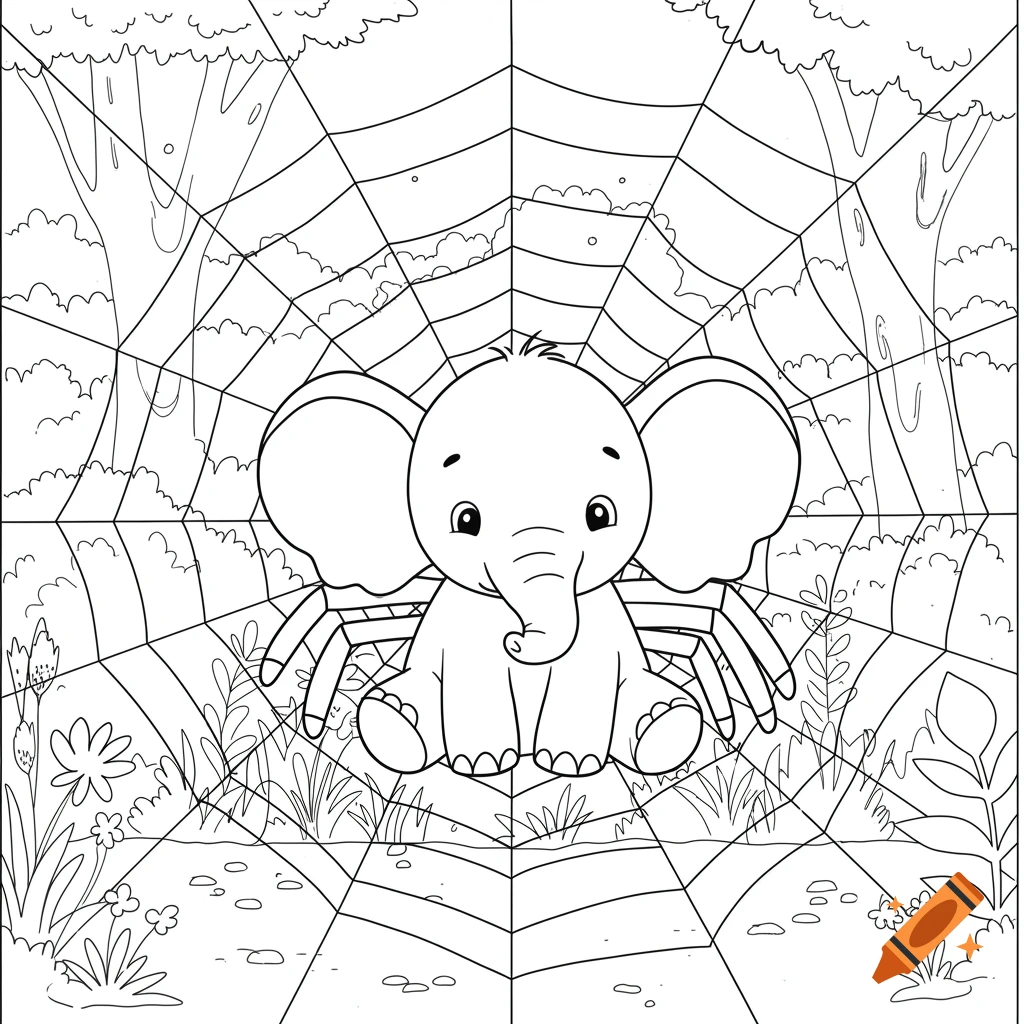 A black and white line drawing of a cute baby elephant sitting in a large spiderweb in a jungle, suitable for coloring.