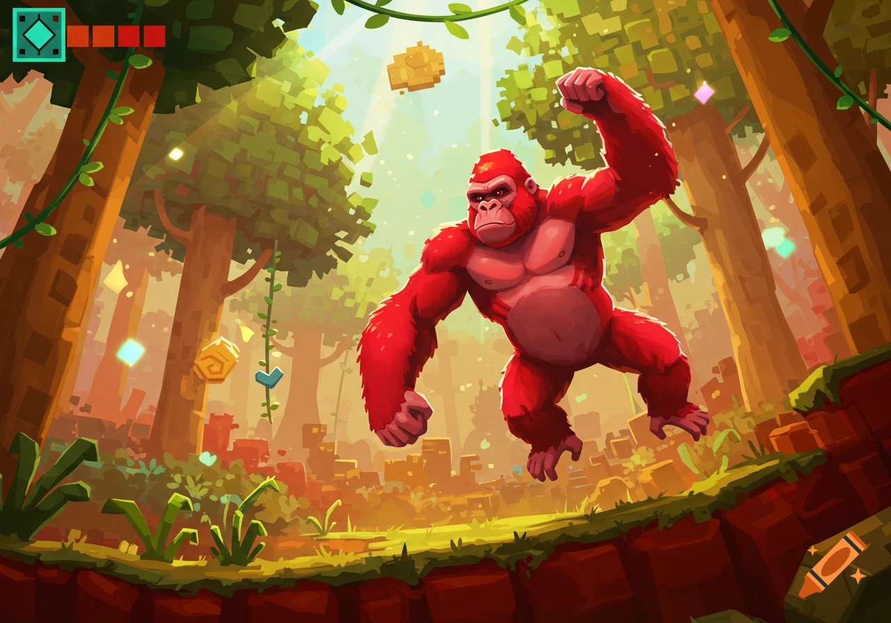 A muscular red gorilla leaps through a vibrant, blocky jungle, in a colorful video game art style.