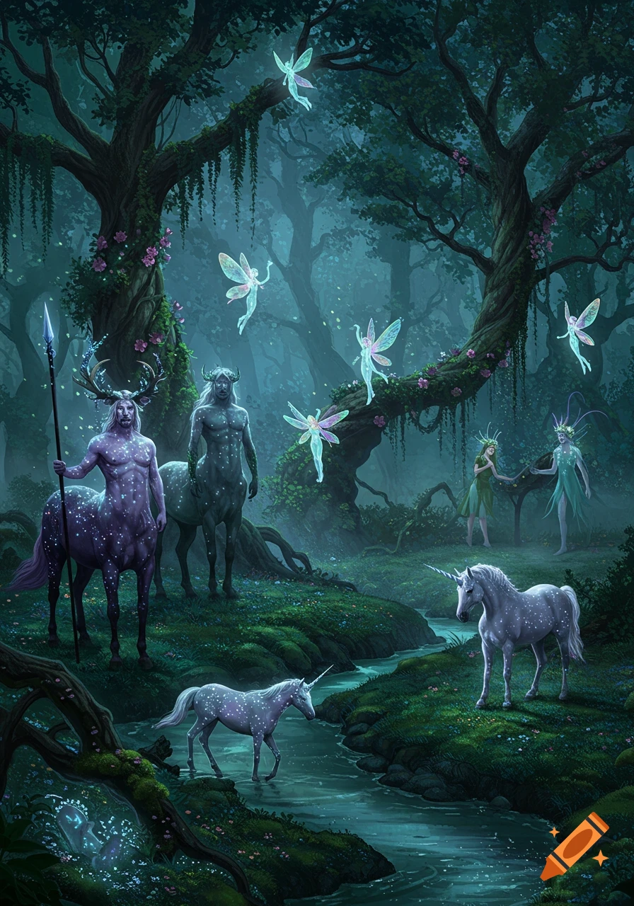 Detailed fantasy art of centaurs, fairies, and unicorns in a glowing, misty forest with a stream.
