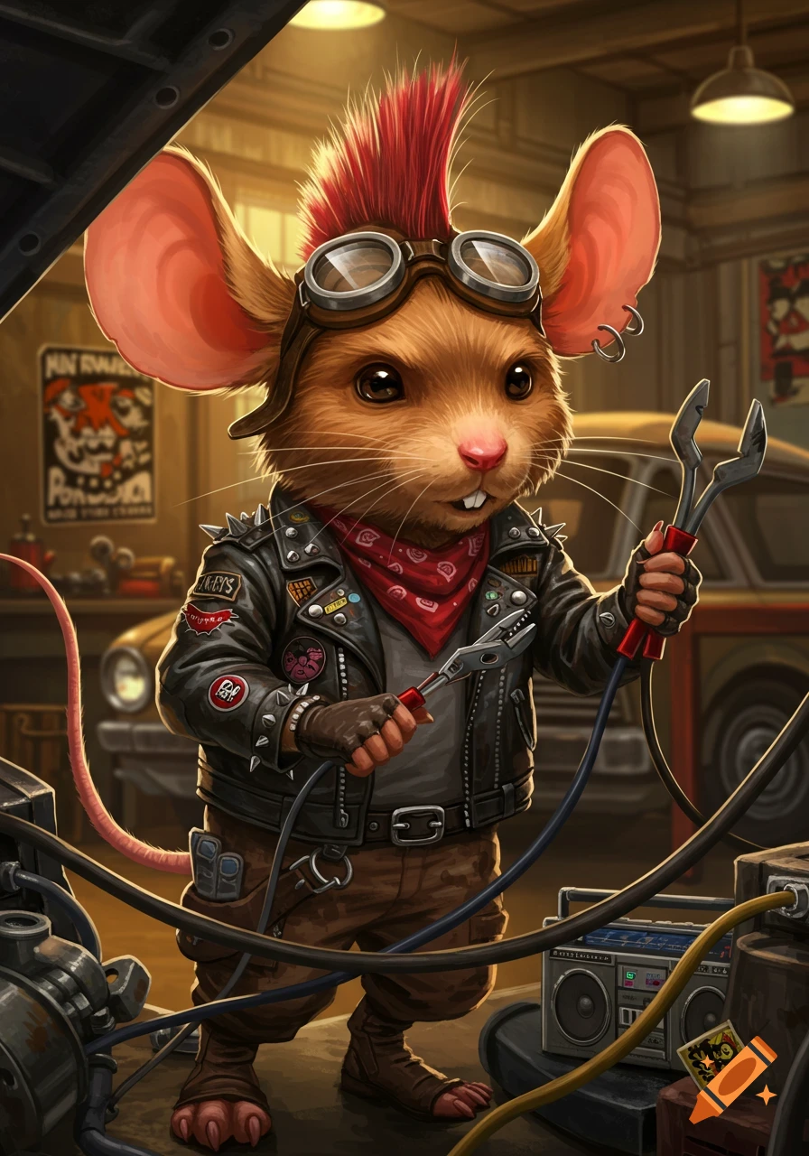 A cartoon anthropomorphic mouse with a red mohawk, goggles, and a studded leather jacket, holding tools and wires in a dimly lit garage.
