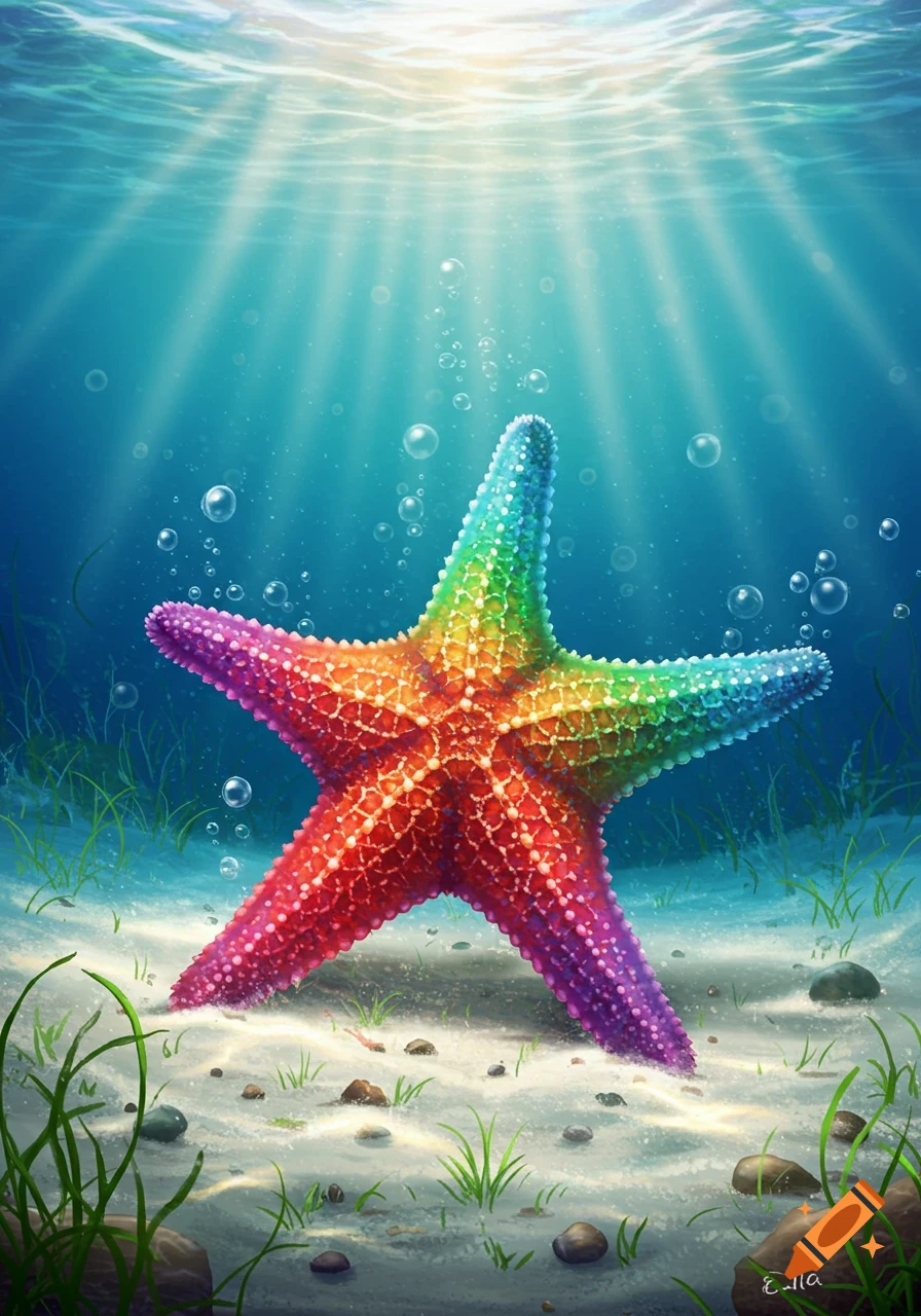 A vibrant rainbow-colored starfish resting on the sandy ocean floor with sunlight streaming through the water.