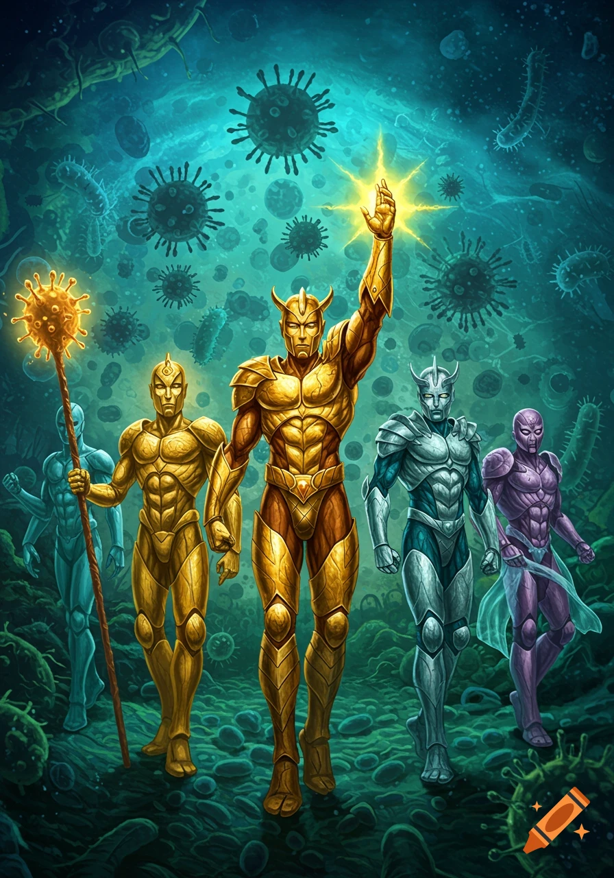 Stylized illustration of five armored heroes, one glowing, standing heroically amidst glowing viruses and bacteria.