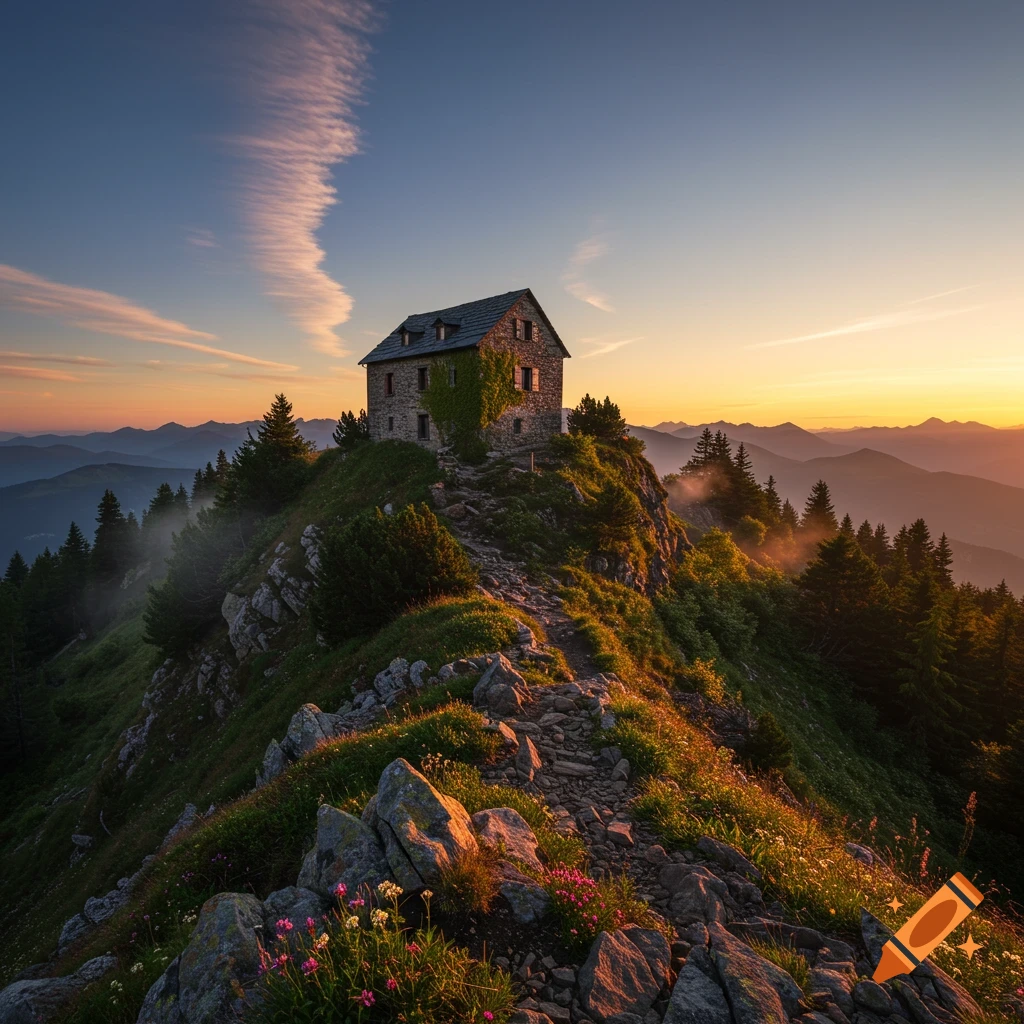 A photorealistic image of a stone house on a rocky mountain peak at sunset, with a path, pine trees, and distant mountains.
