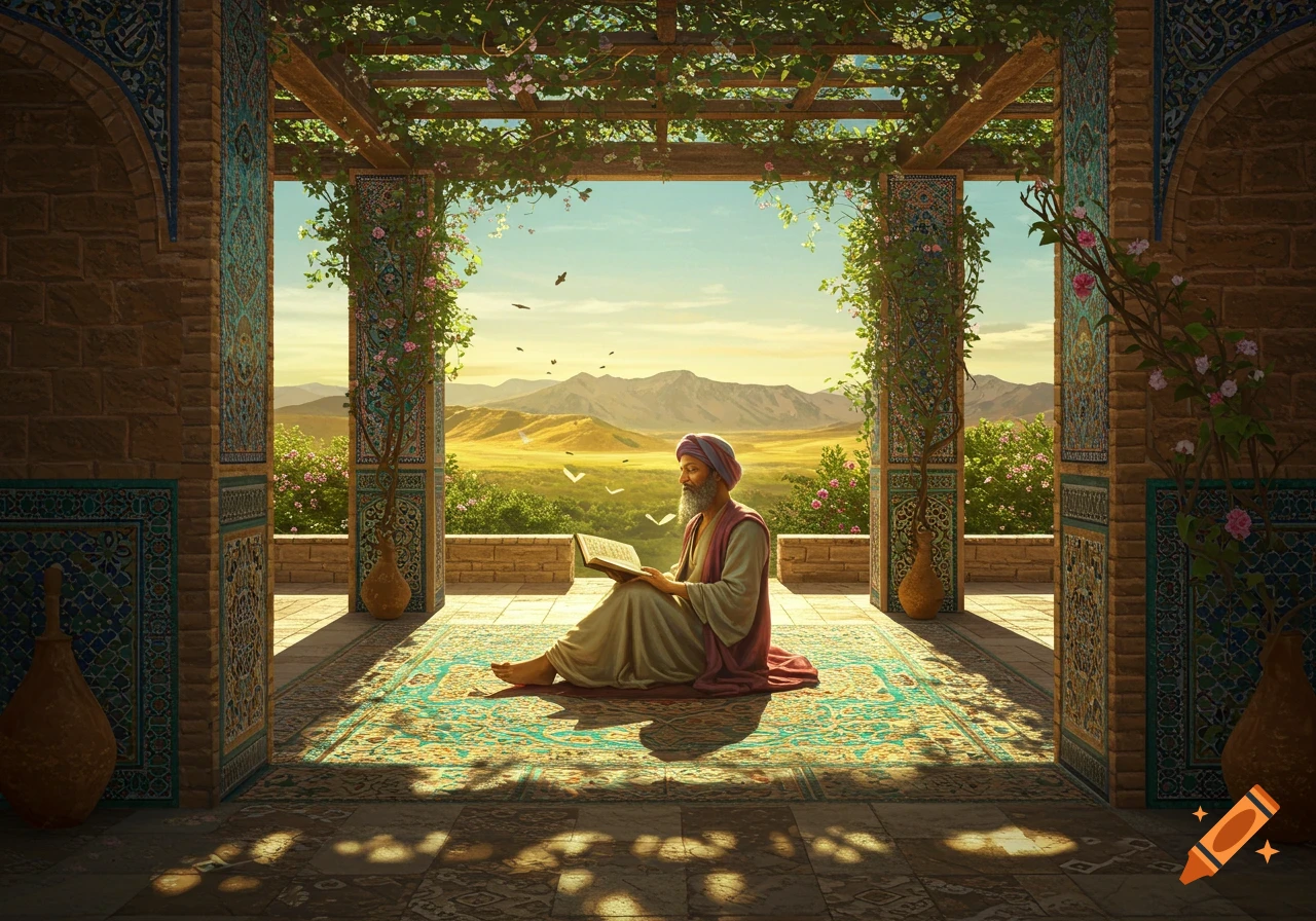 An old man in a turban and robes reads a book on an ornate rug under a vine-covered pergola, overlooking a desert landscape.
