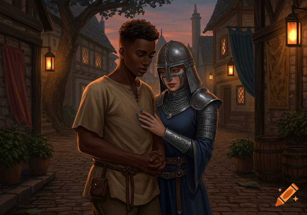 A medieval fantasy scene depicts a Black man in humble clothes and a woman in full armor and helmet, sharing a tender moment in a village street at dusk.
