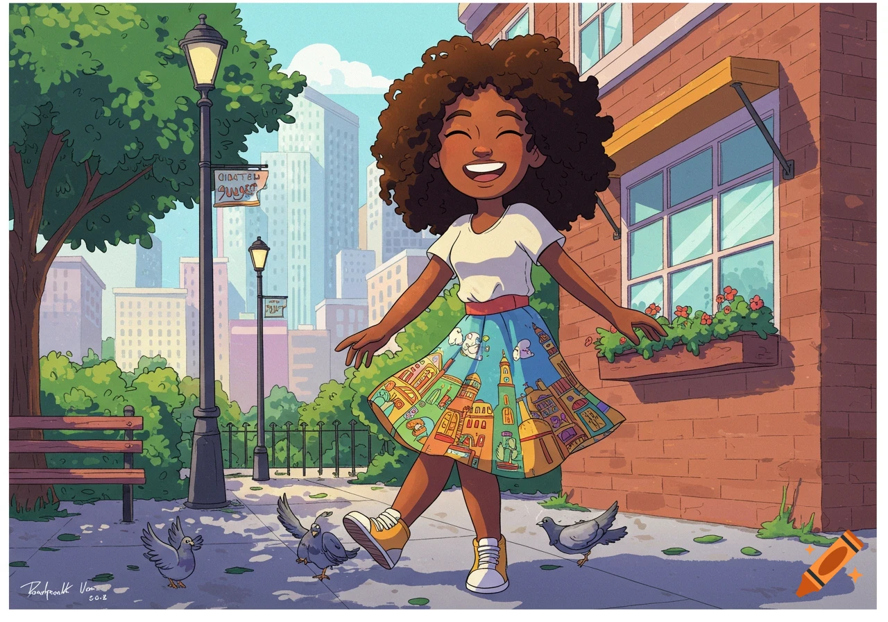A smiling black cartoon girl with curly hair walks happily on a city sidewalk, surrounded by pigeons and buildings.