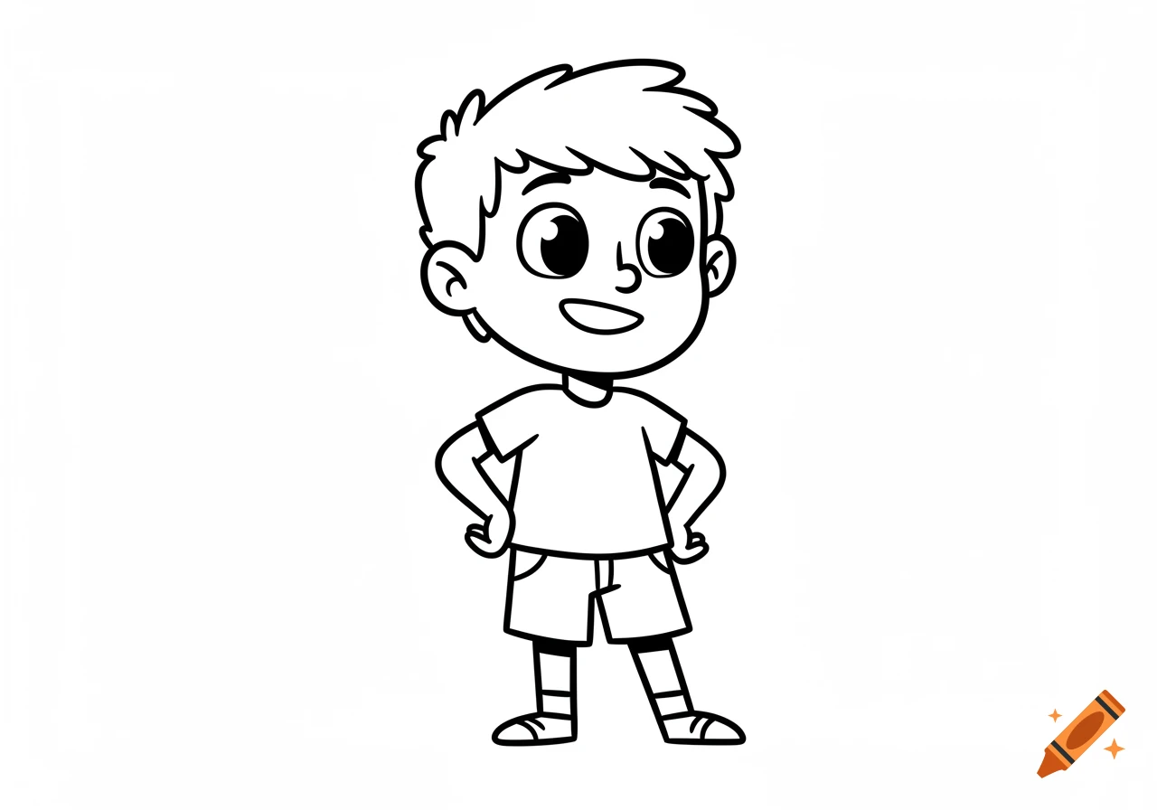 A line drawing of a smiling cartoon boy wearing a t-shirt and shorts, standing with hands on his hips.