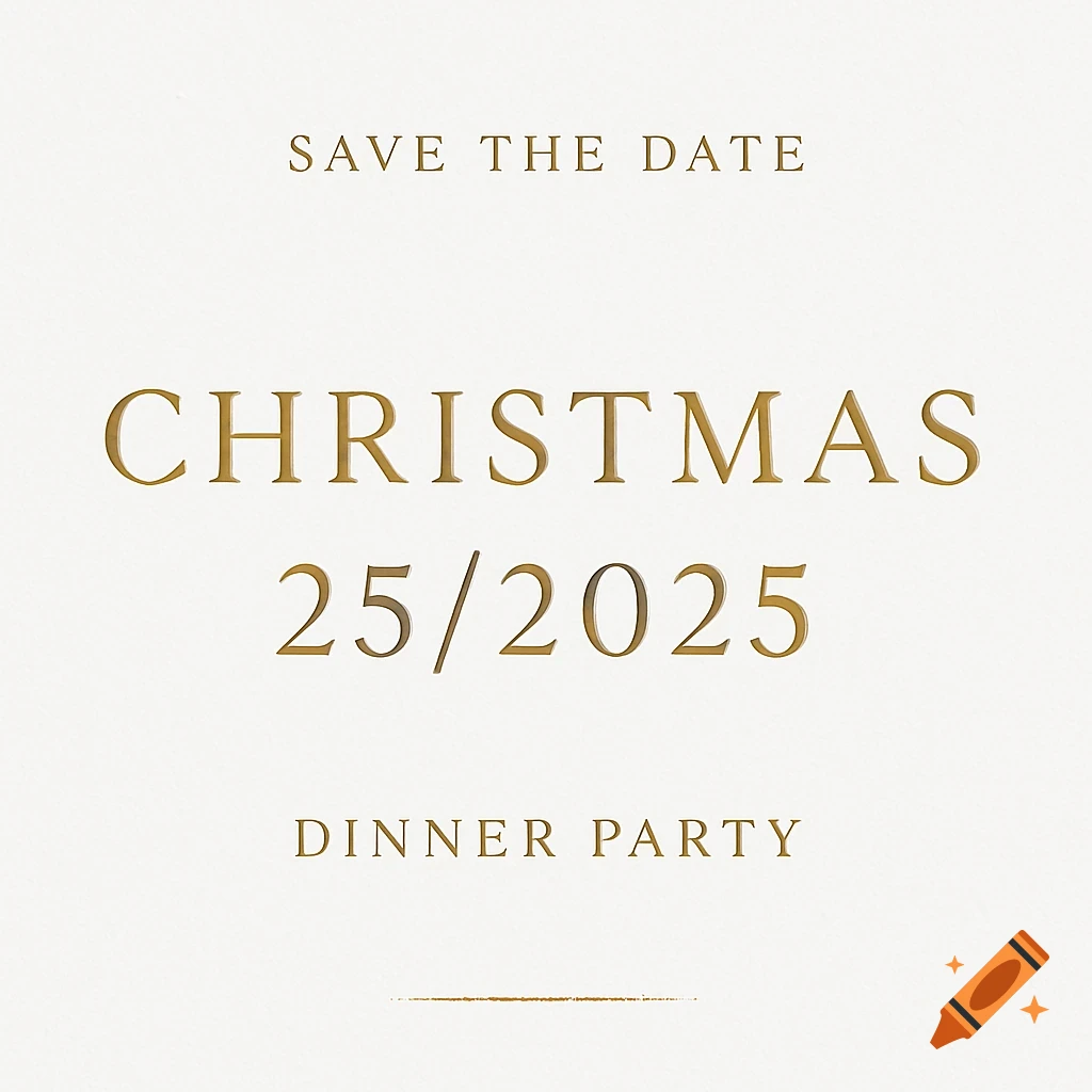 A white and gold minimalist Christmas dinner party invitation displaying "SAVE THE DATE", "CHRISTMAS", "25/2025", and "DINNER PARTY".