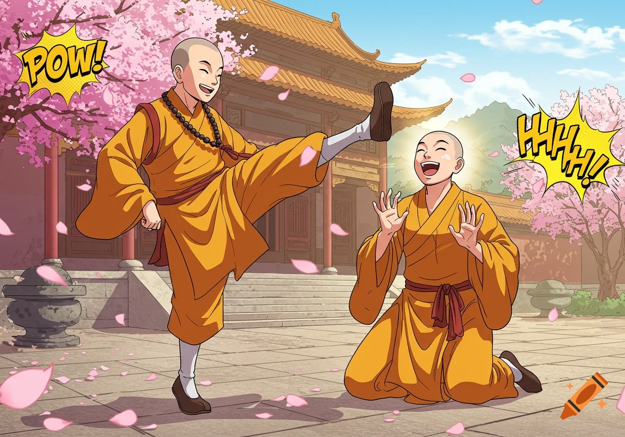 Two laughing cartoon monks in orange robes, one kicking playfully, surrounded by cherry blossoms at a temple.