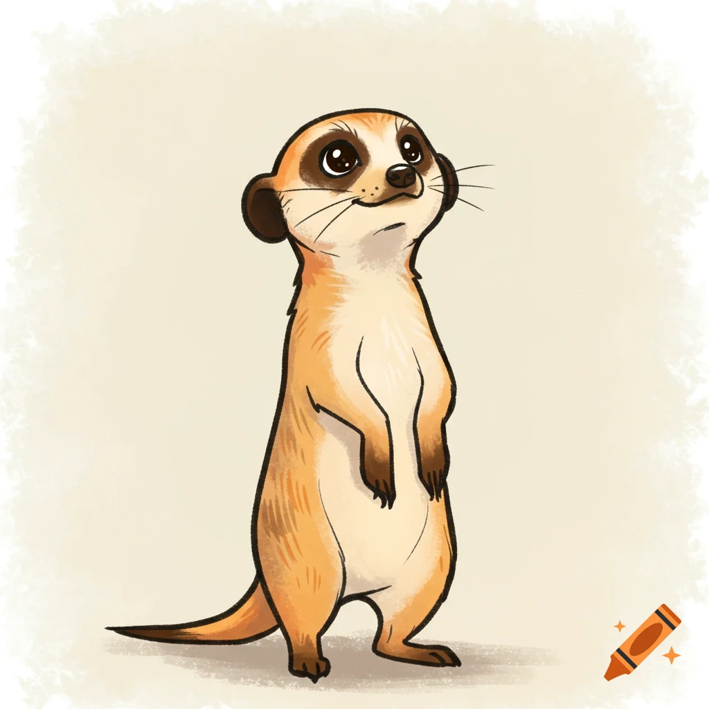 A cute colorful cartoon meerkat with heavy lines looks up with a smile on a light background.
