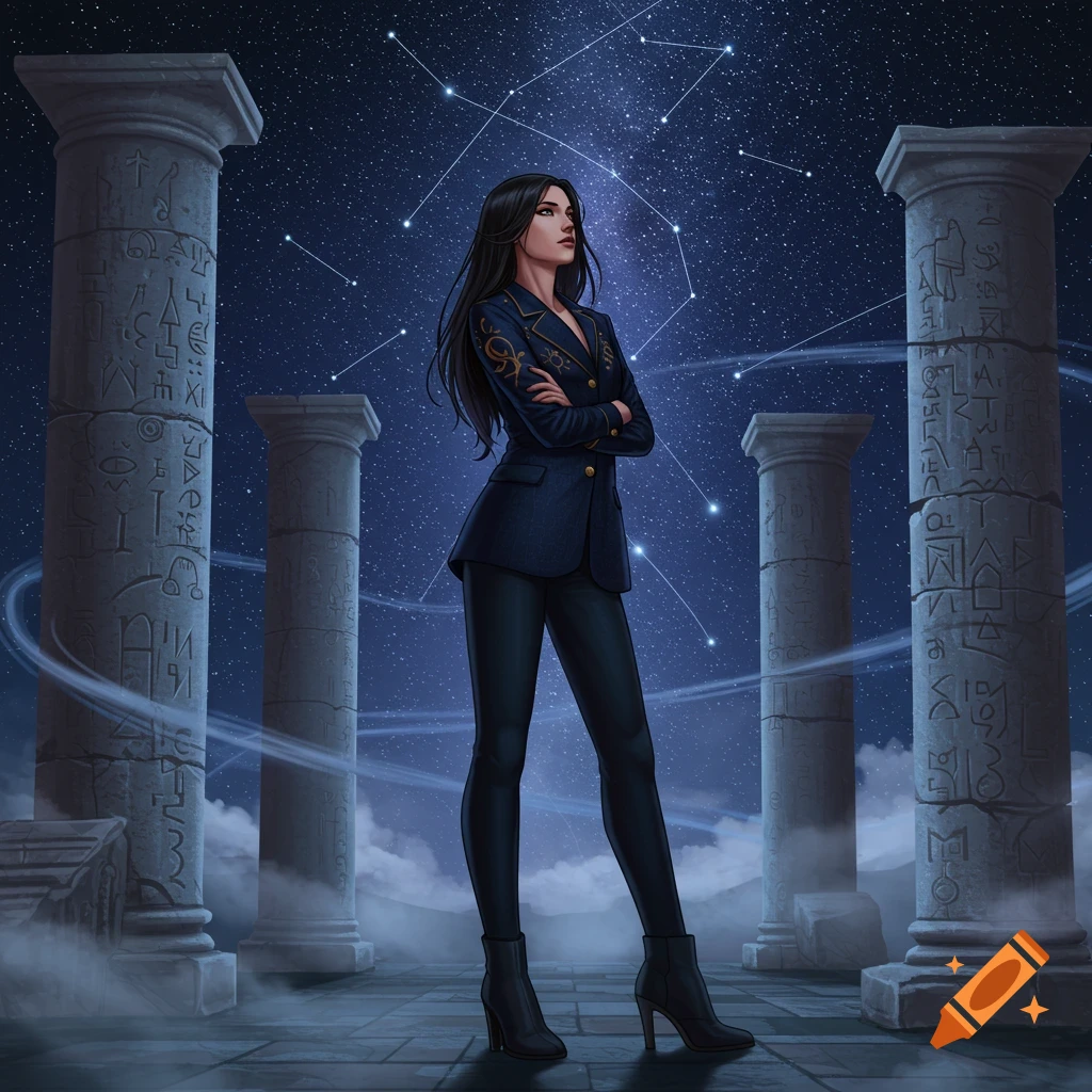 A woman with long dark hair in a dark suit stands confidently between carved pillars under a starry night sky with constellations.