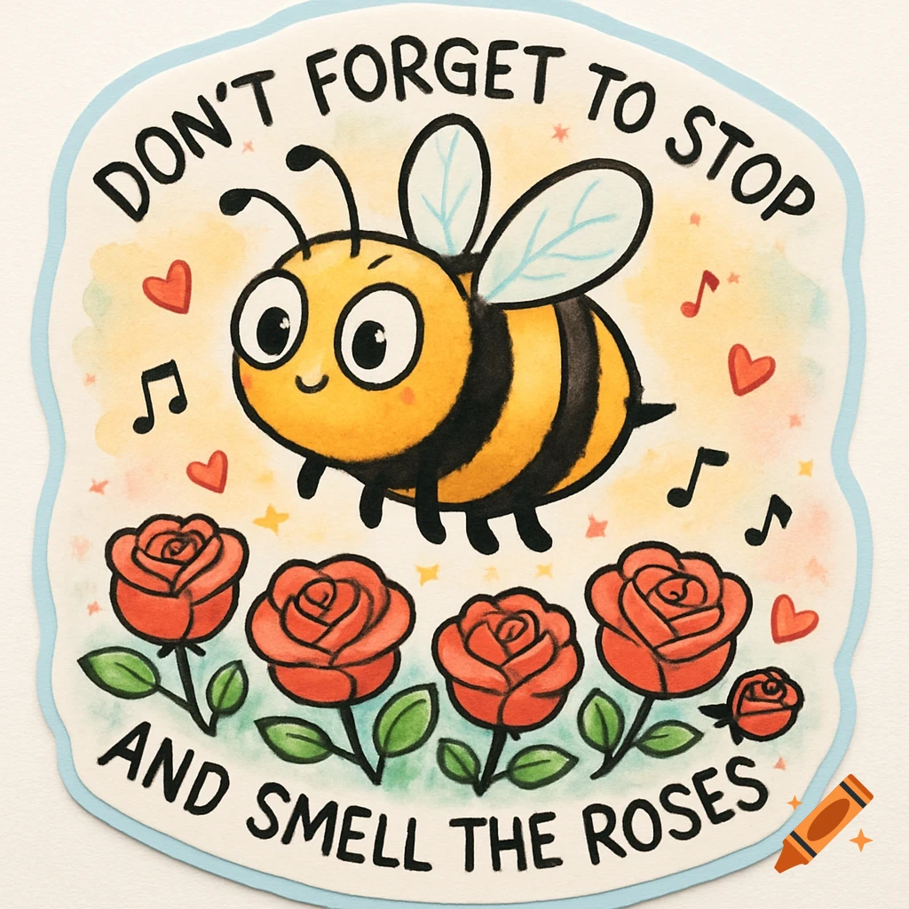 A cute cartoon bee sticker flying above red roses, with the text 'Don't forget to stop and smell the roses' encircling it.
