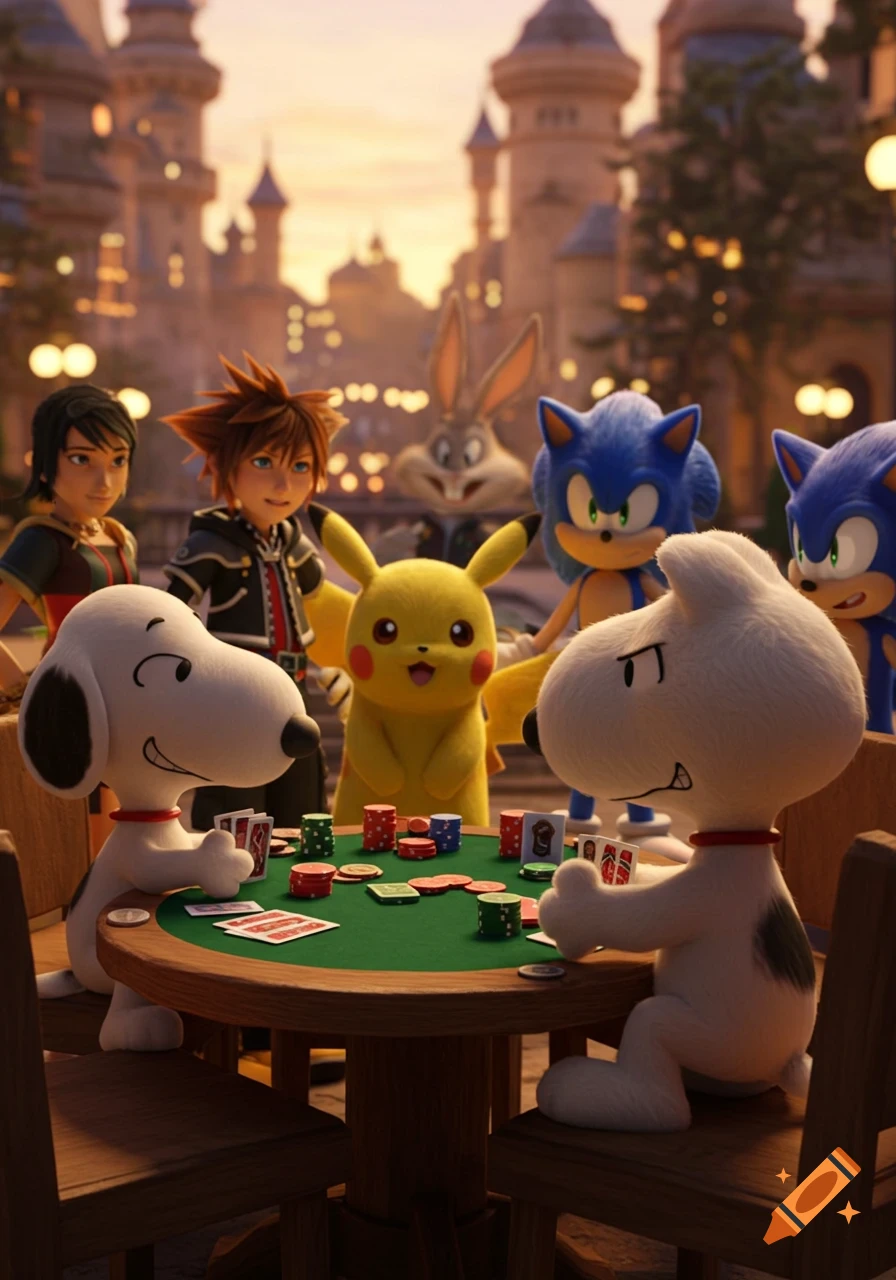 Various cartoon and video game characters like Snoopy, Pikachu, Sonic, and Sora playing poker in a detailed, cinematic setting.
